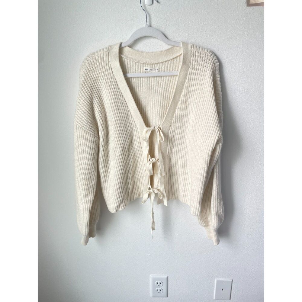 Coquette tie front cardigan XL Aeropostale cream rib knit bow sweater top